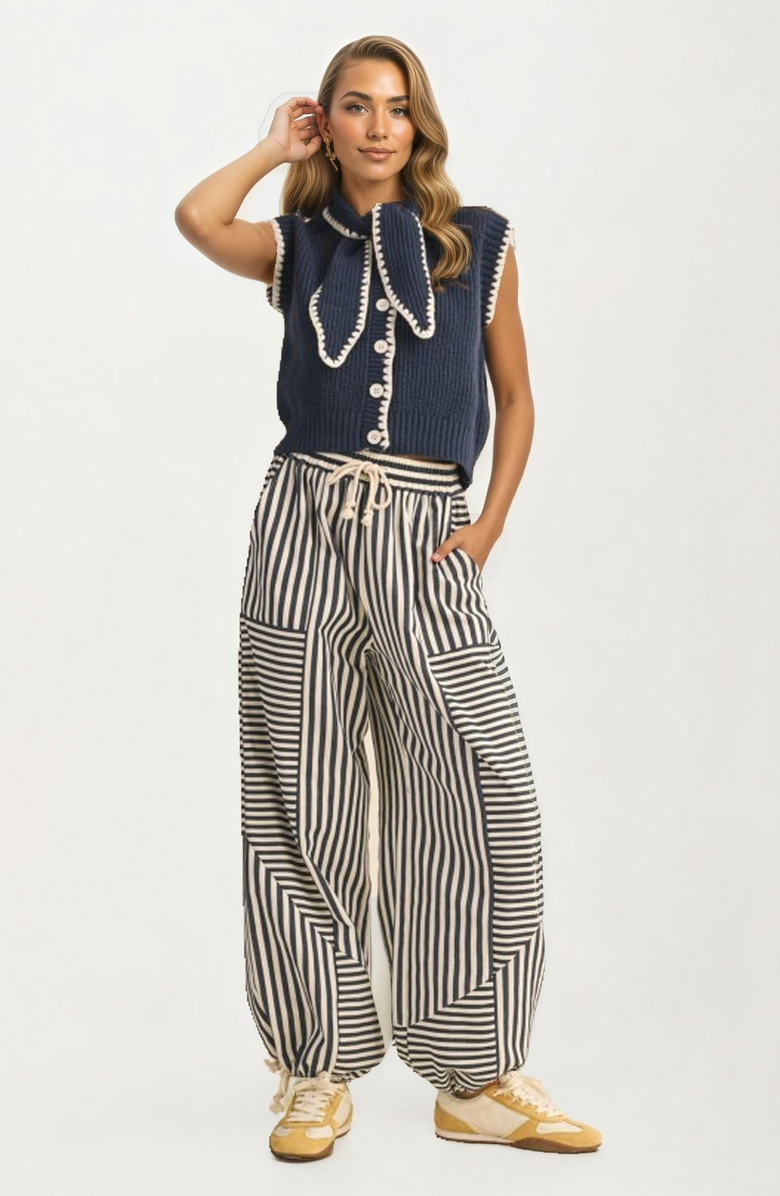 Knit and Lounge Sleeveless Knit Oversized Bow Collar Contrast Trim Vest, Alternate, color, Navy Blue