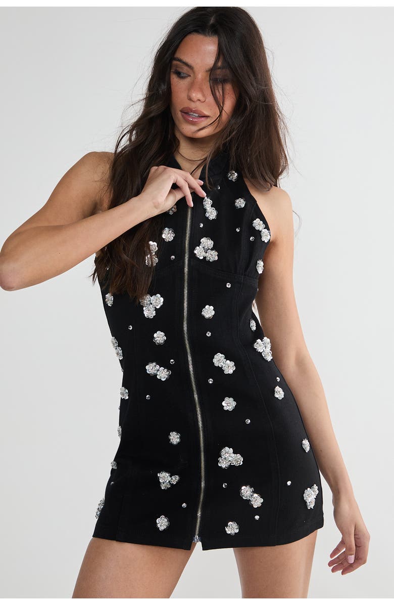 NASTY GAL Embellished Applique Mini Dress, Main, color, Washed Black