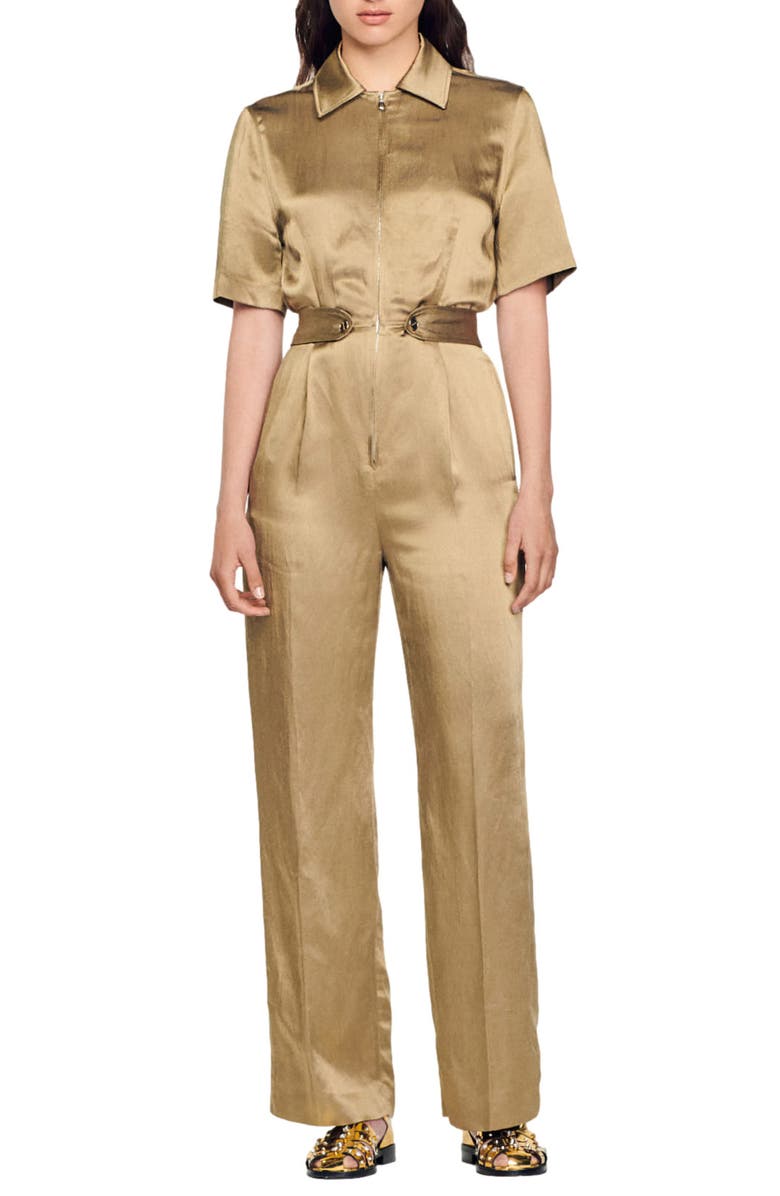 SANDRO Sisteron Satin Zip Jumpsuit, Main, color, Kaki