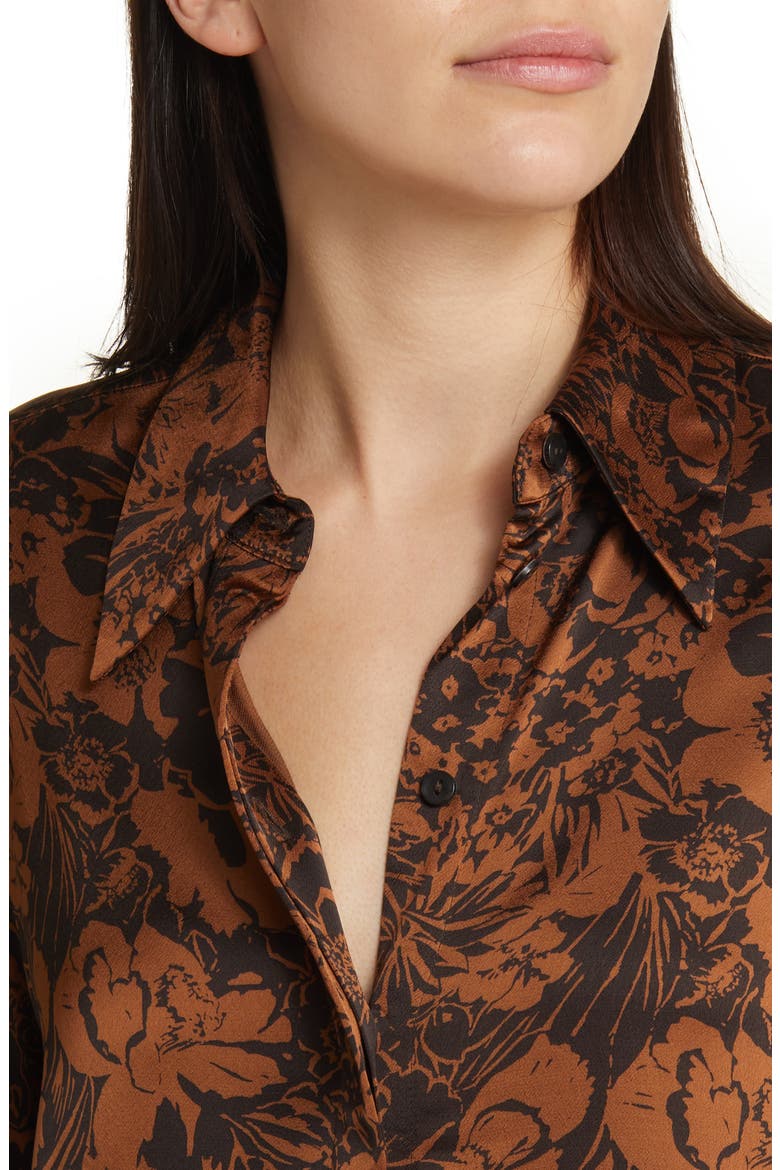 Oversize Floral Satin Button-Up Shirt, Alternate, color, BROWN DARK