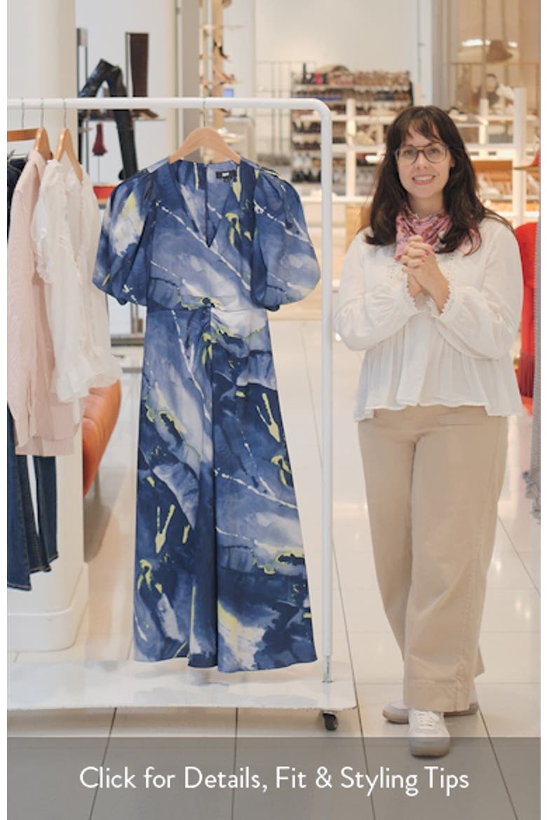Print Puff Sleeve Satin Midi Dress video
