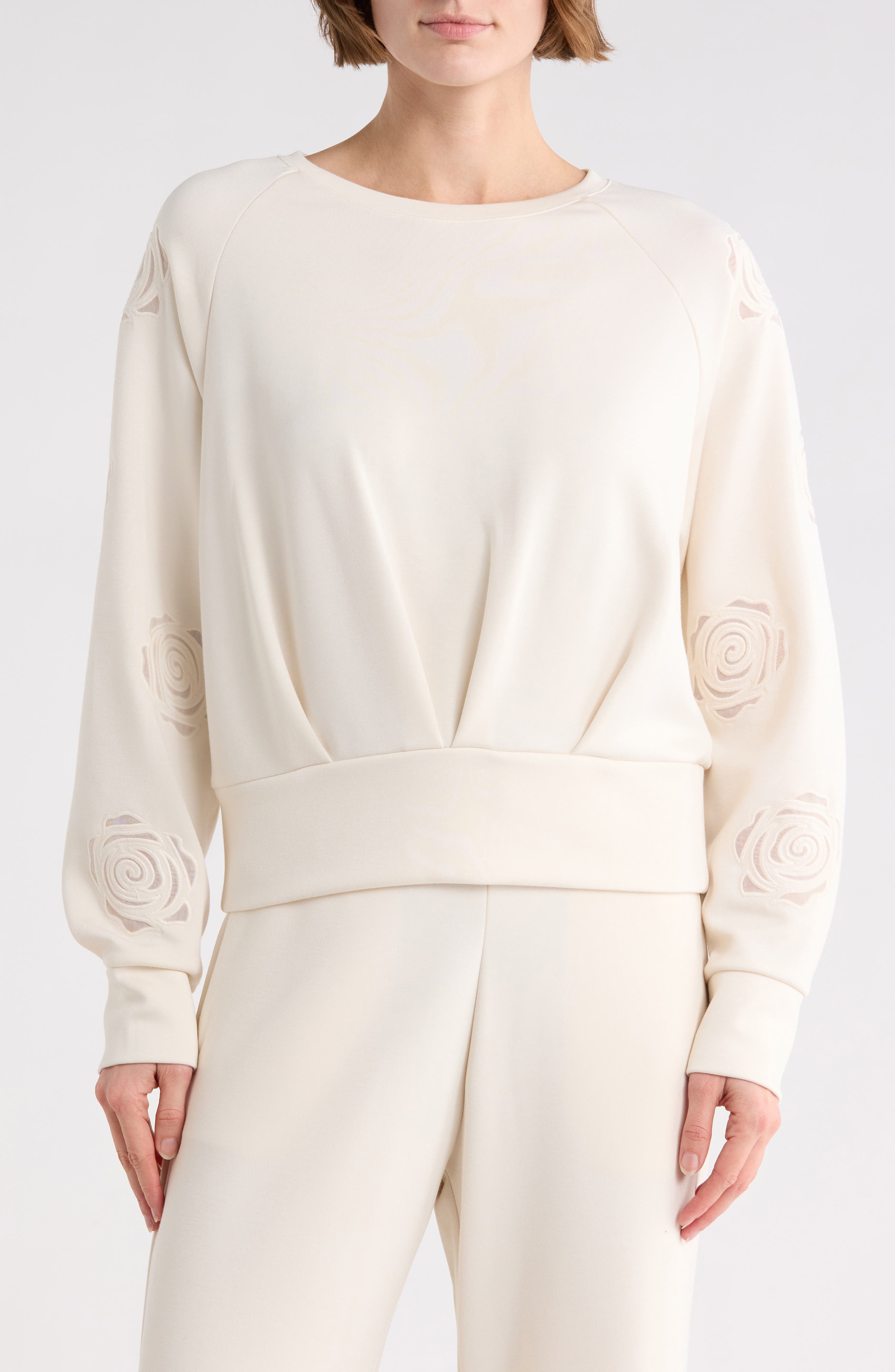 T Tahari Rose Embroidered Scuba Knit Crewneck Top