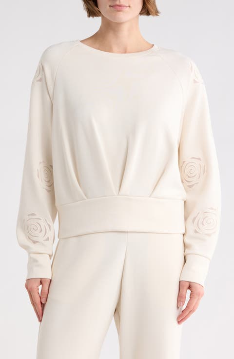 Rose Embroidered Scuba Knit Crewneck Top