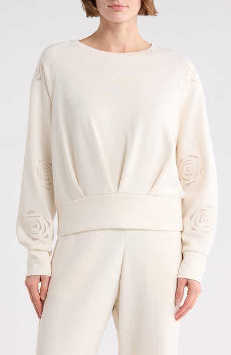 T Tahari Rose Embroidered Scuba Knit Crewneck Top
