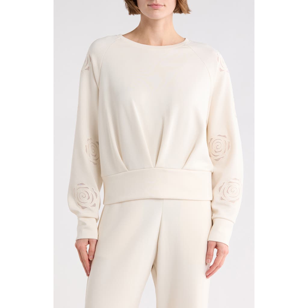 T Tahari Rose Embroidered Scuba Knit Crewneck Top In Sand