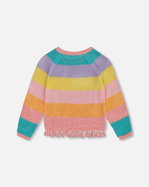 Deux Par Deux Little Girl's Cotton Sweater With Fringe Multicolor Stripes In Multicolored Stripes