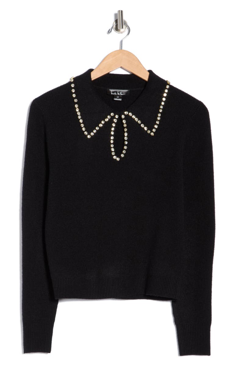 Nicole Miller Rhinestone Trim Collared Crop Sweater, Alternate, color, Very Black