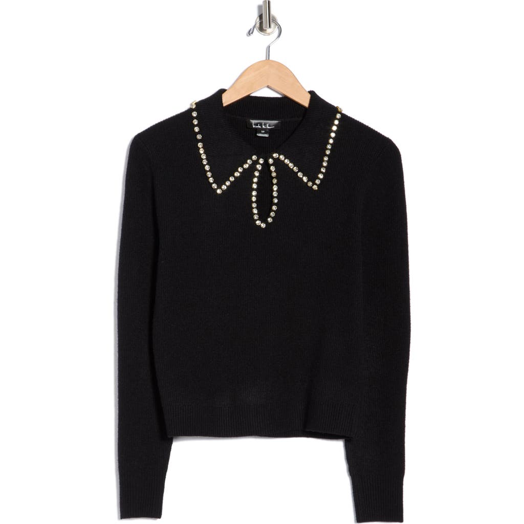 Nicole Miller Rhinestone Trim Collared Crop Sweater In Black