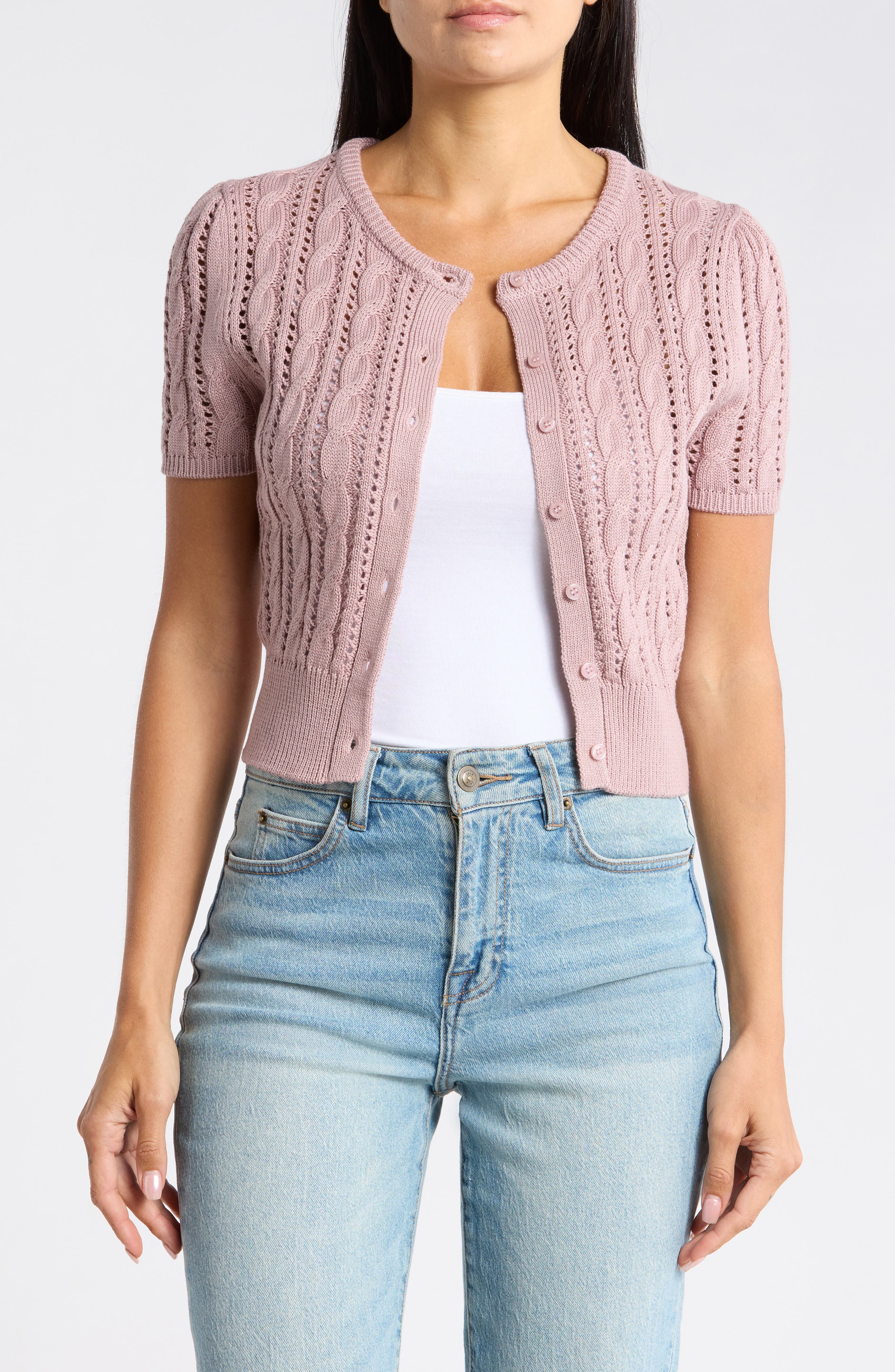 Crop Pointelle Short Sleeve Cardigan