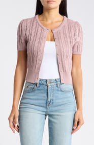 Vigoss Crop Pointelle Short Sleeve Cardigan