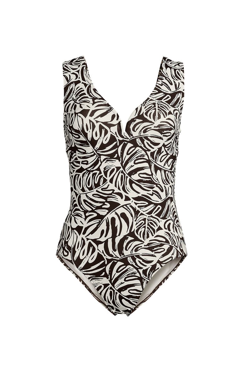 Lands' End Sculpting Suit Sweetheart V-Wire High Leg One Piece Swimsuit, Alternate, color, Brown Mini Tropic Leaves