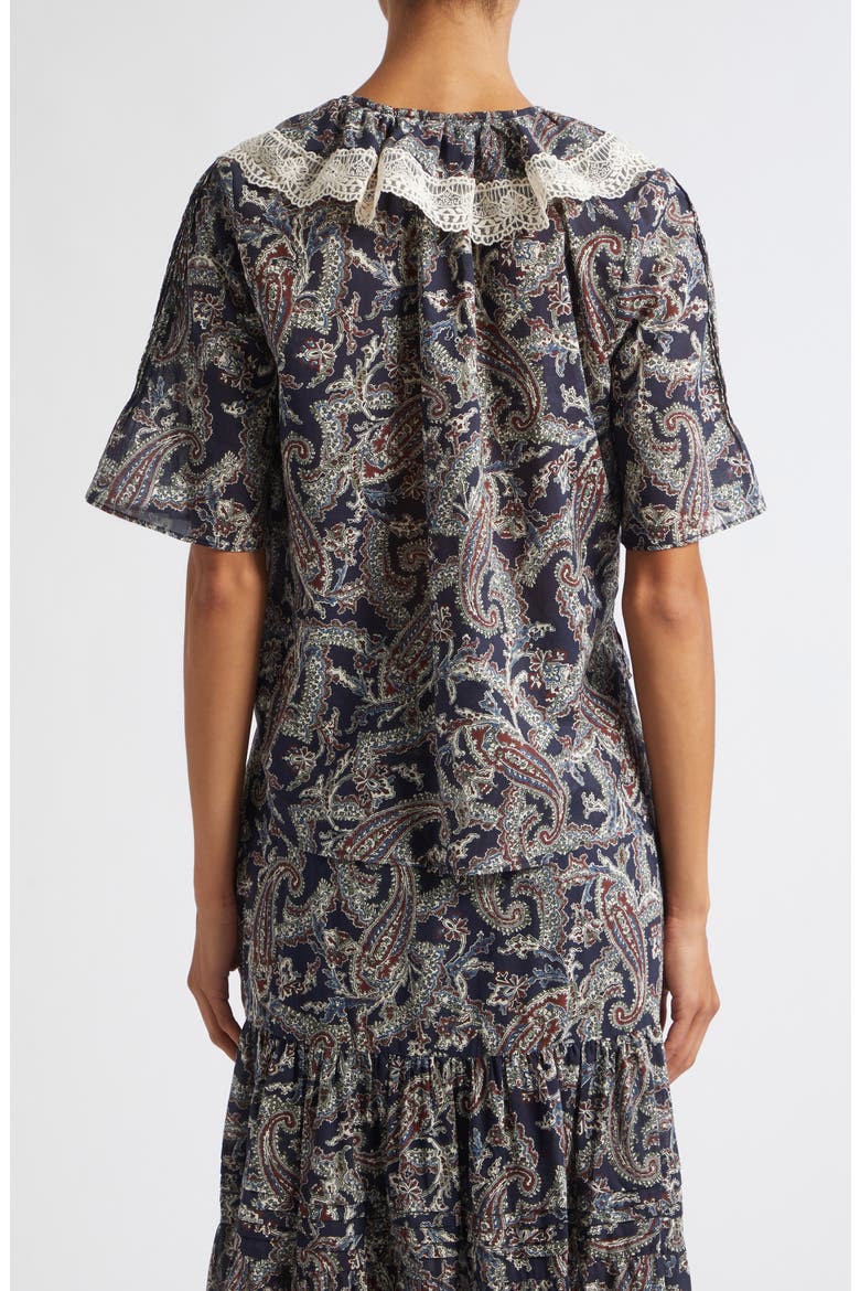 Pamelis Paisley Ruffle Lace Trim Top, Alternate, color, NAVY MULTI