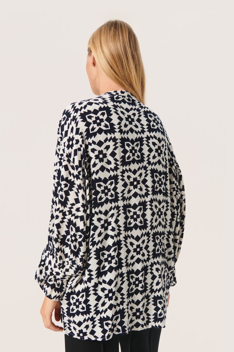 Zaya 3/4 Sleeves V-Notch Neck Blouse, Alternate, color, White And Navy Folklore