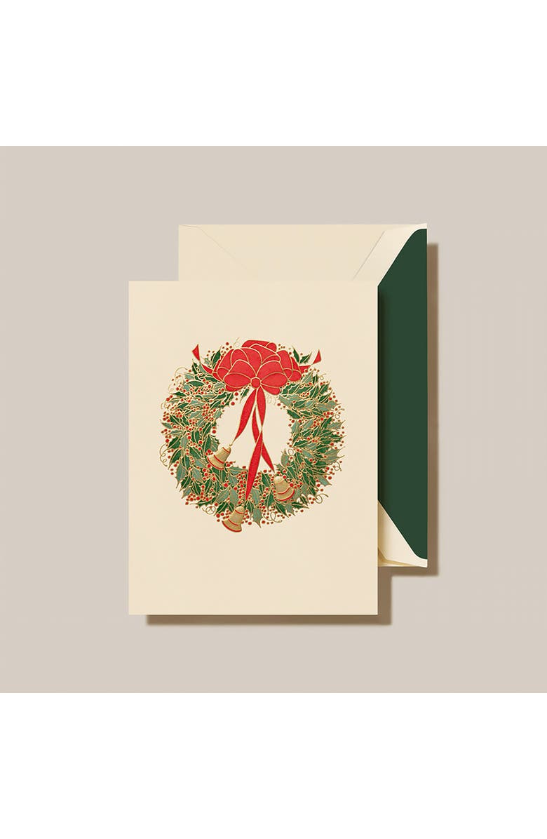 Crane Holly Wreath with Bells Set of 10 Greeting Cards, Alternate, color, Green/ Ivory
