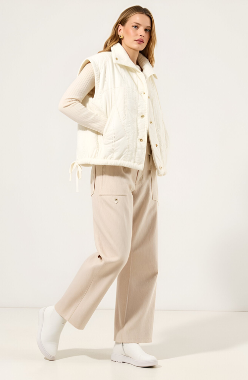 Modenaire Quilted Sleeveless Vest With Snap Front And Side Ties In White