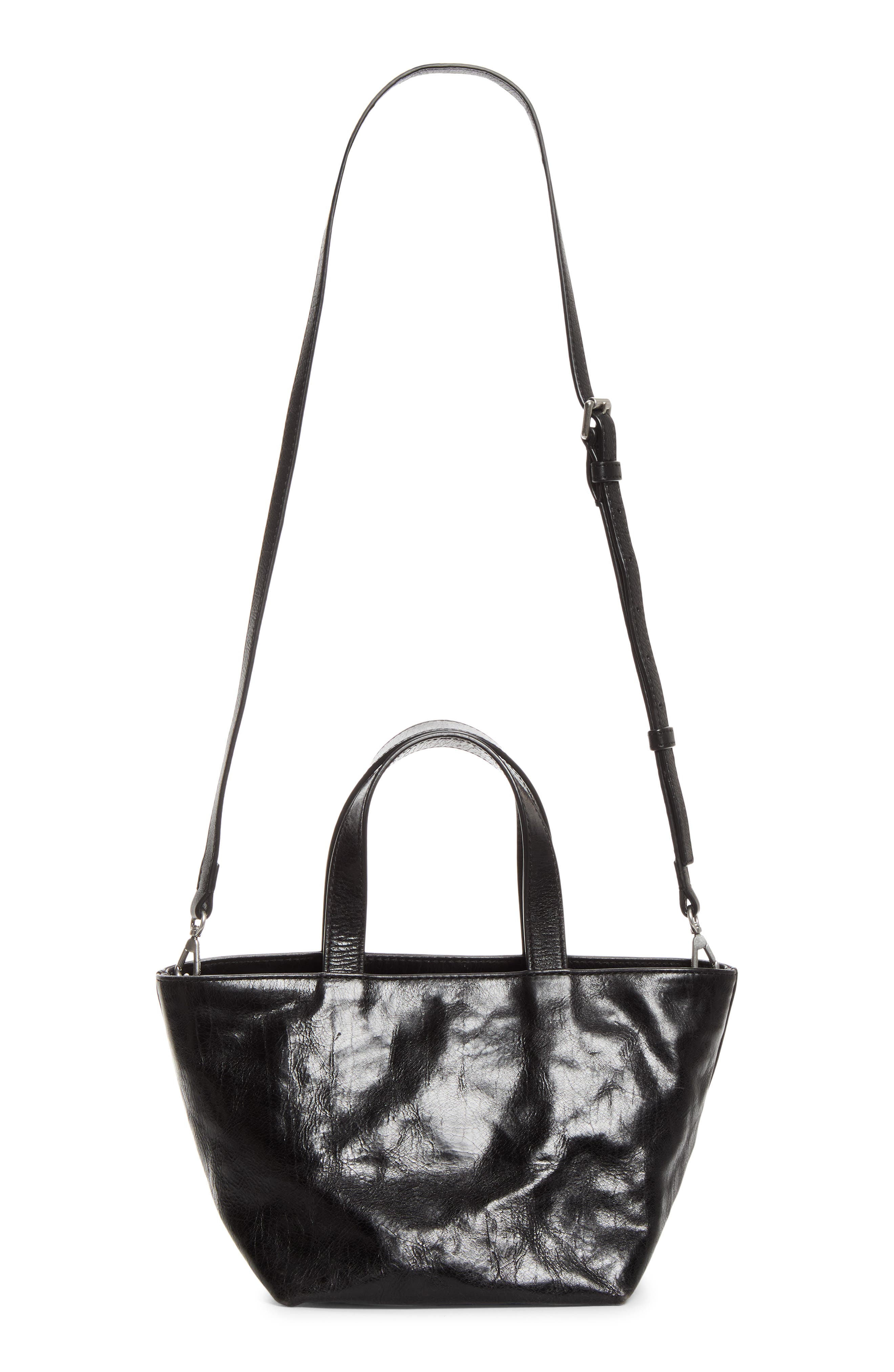 Small Punch Logo Crinkled Leather Tote, Alternate, color, BLACK