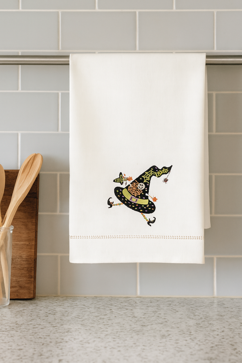 Ms. Muffet Cream & Black Witch Hat Halloween Flour Sack Embroidered Dish Towel, Alternate, color, Black