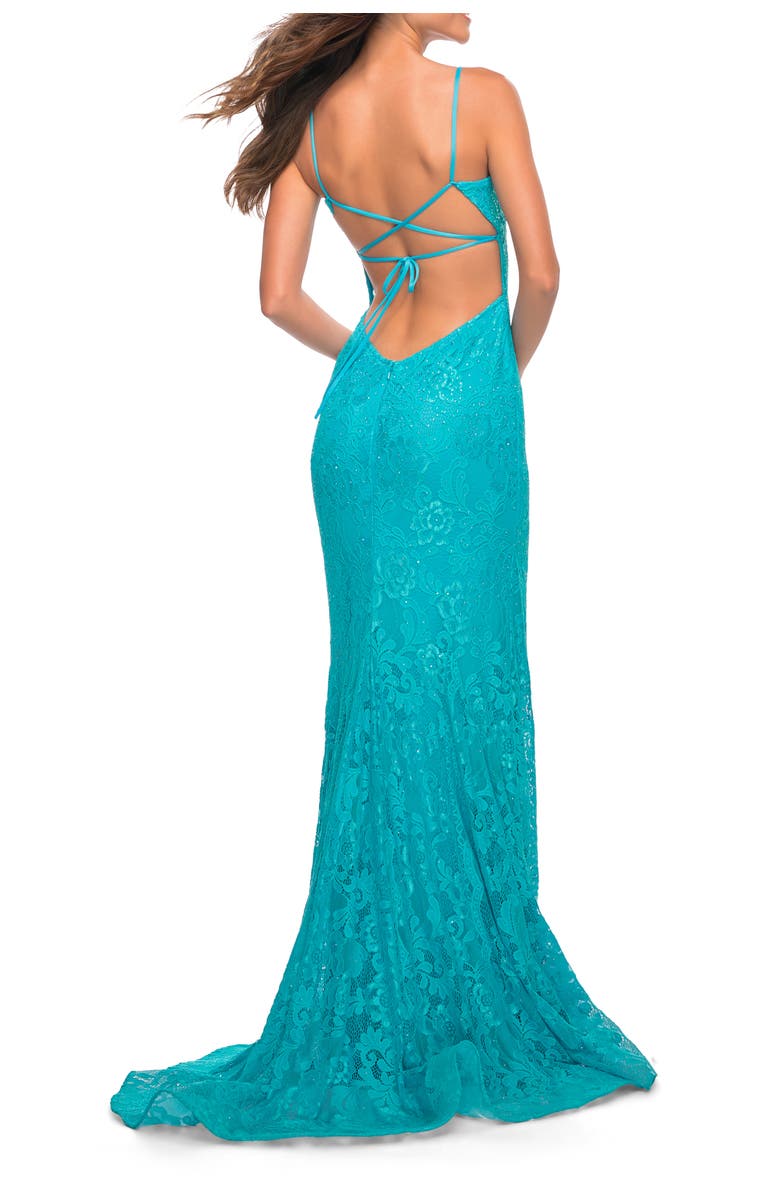 La Femme Neon Lace Prom Gown With Sheer Bodice and Tie Up Back, Alternate, color, Aqua