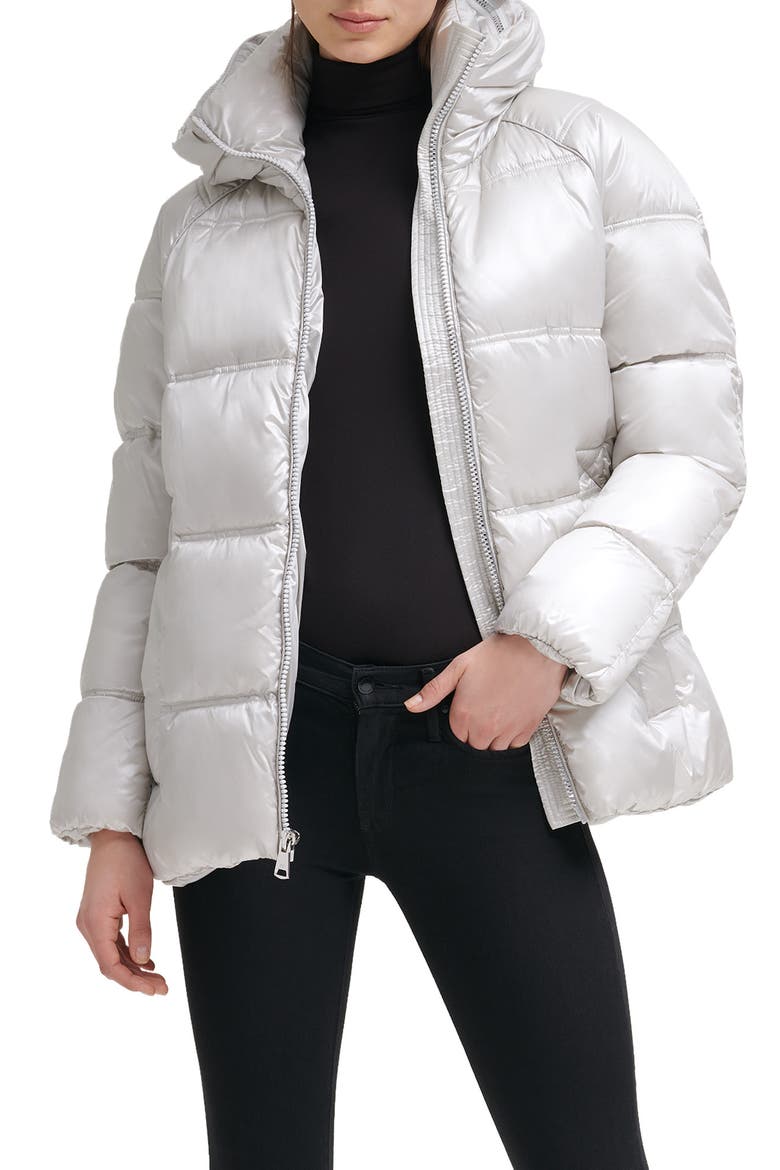 Box Quilted Puffer Jacket with Removable Hood, Main, color, SILVER