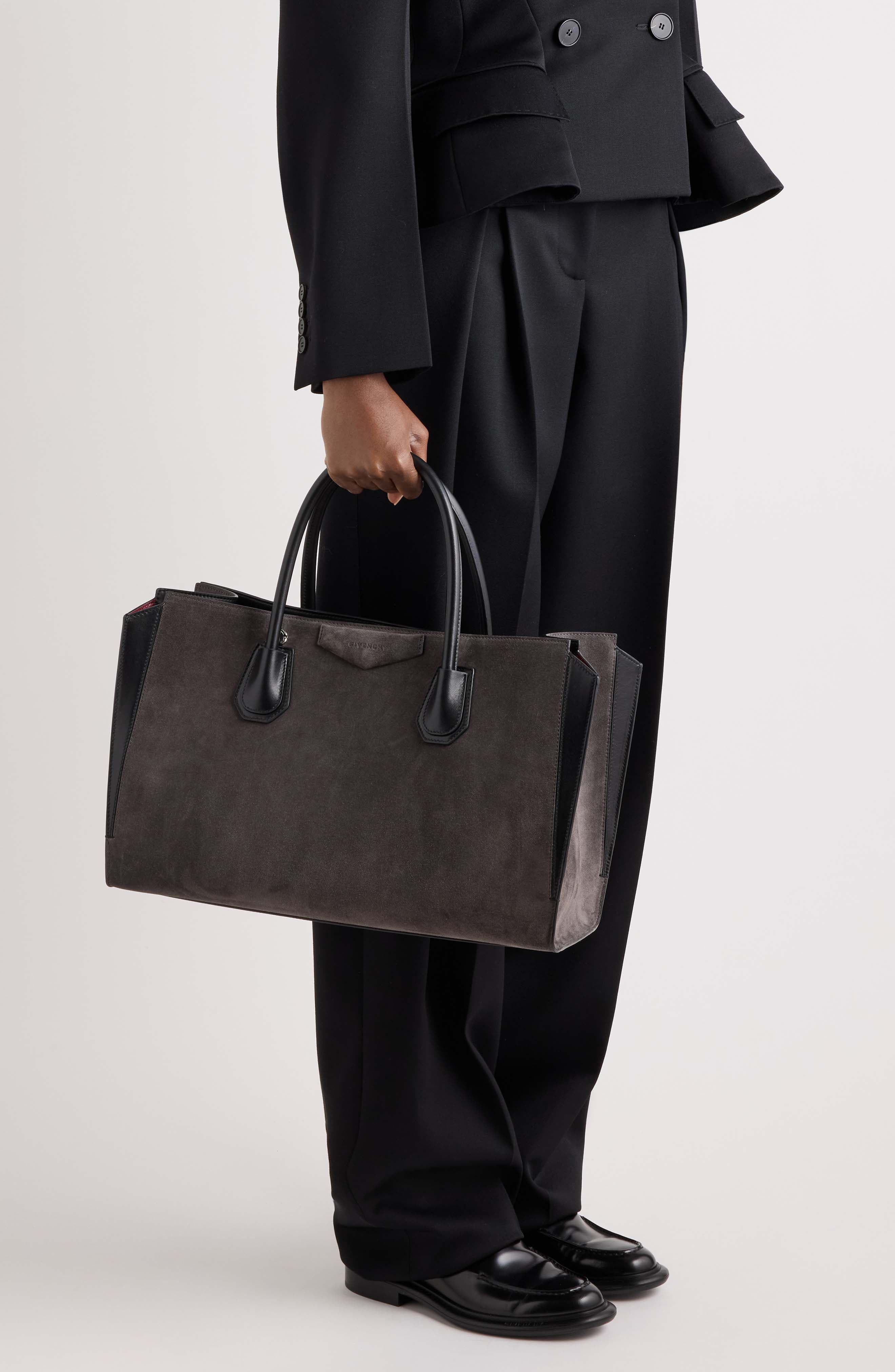 Small Antigona Catchall Leather & Suede Tote, Alternate, color, DARK GREY