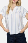 Blu Pepper Stripe Split Neck Top