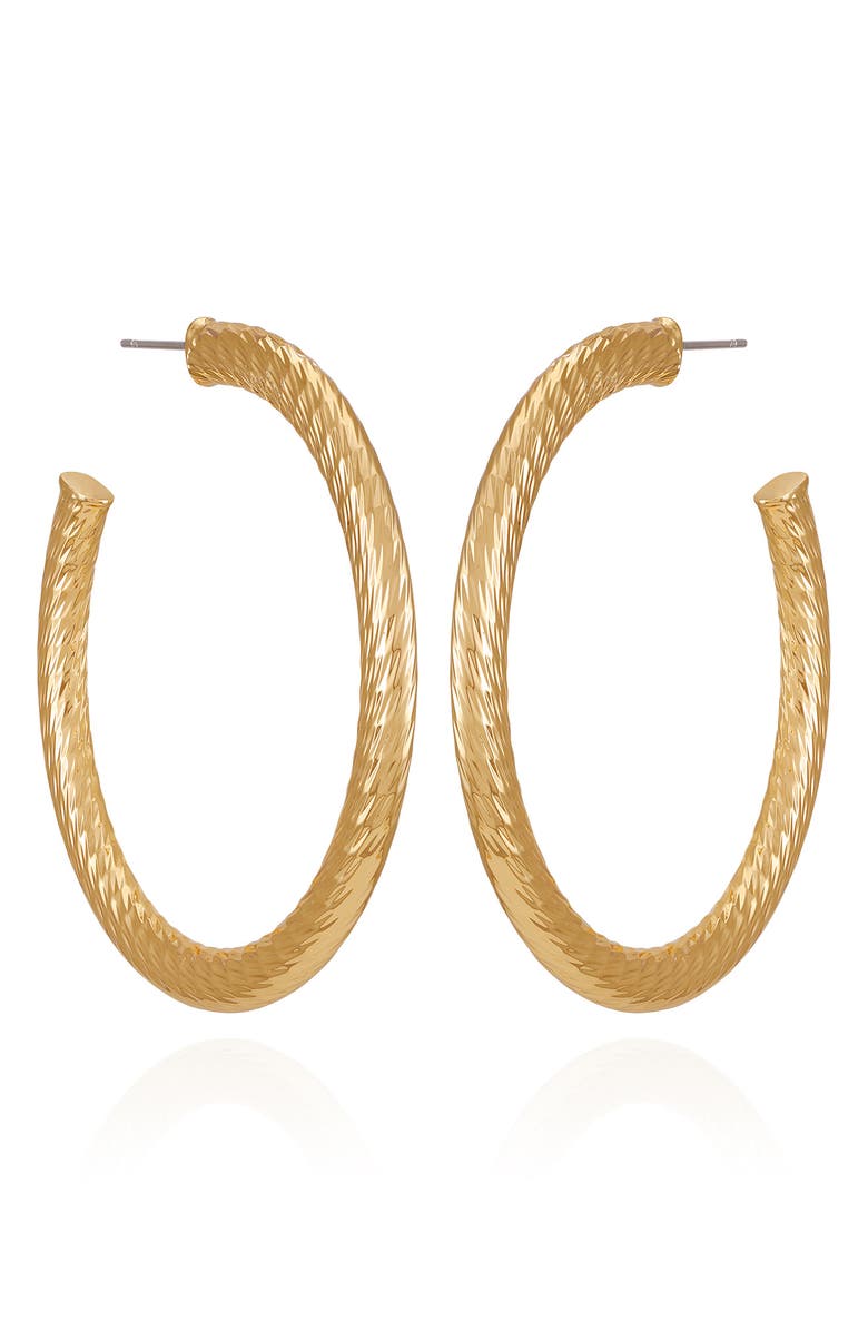 Vince Camuto Textured Hoop Earrings, Main, color, Goldtone3