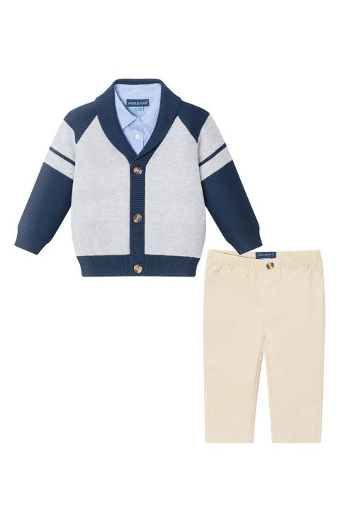 Long Sleeve Button-Up Shirt, Shawl Collar Cardigan & Pants (Baby)