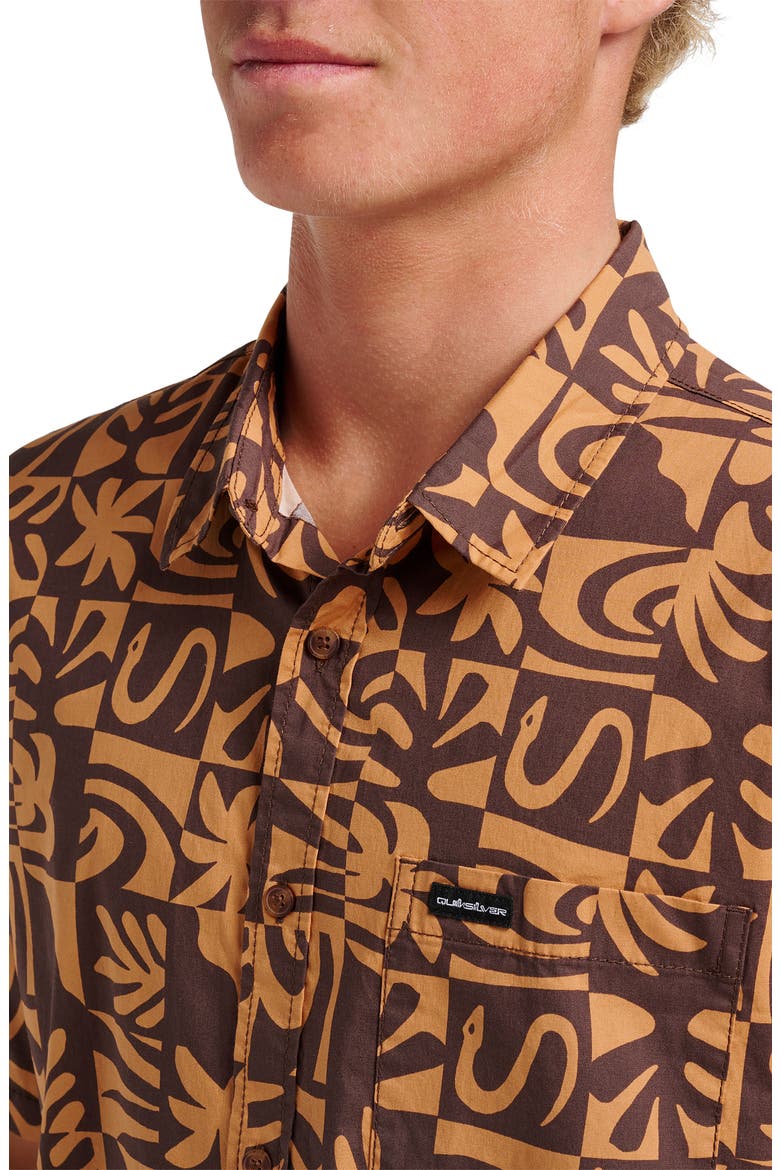 Terra Classic Abstract Print Short Sleeve Stretch Cotton Button-Up Shirt, Alternate, color, CHOCOLATE