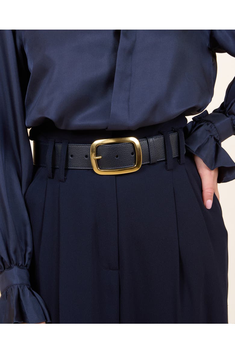 La Captivante Brass Buckle Leather Belt, Alternate, color, Navy