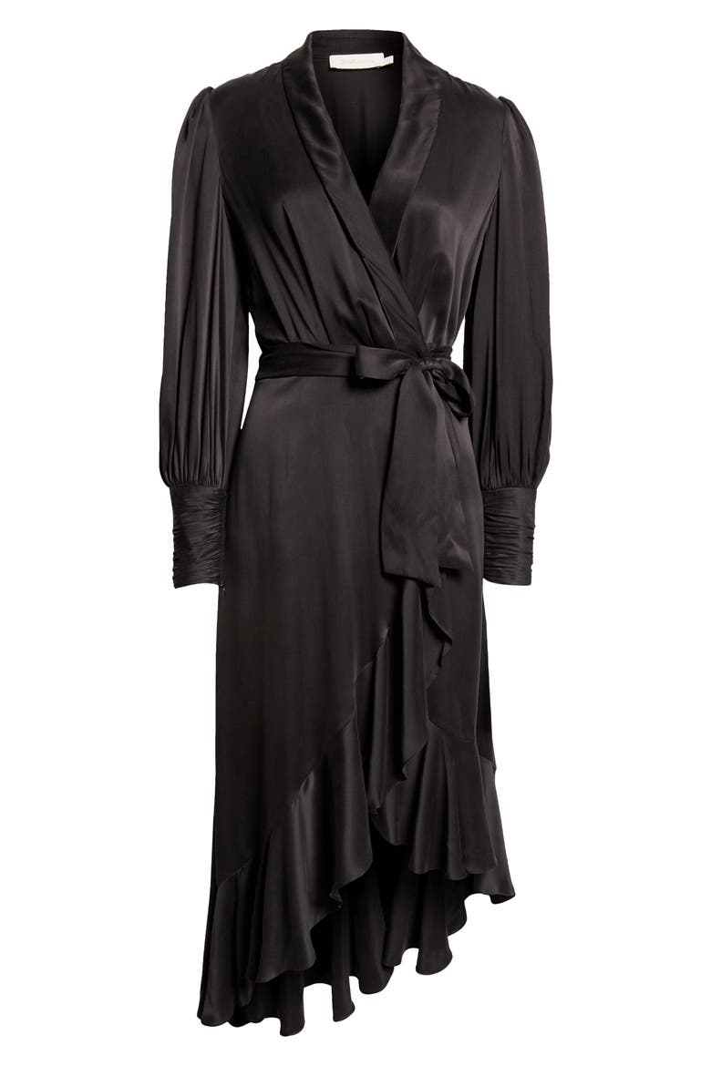Long Sleeve Silk Wrap Midi Dress, Alternate, color, BLACK