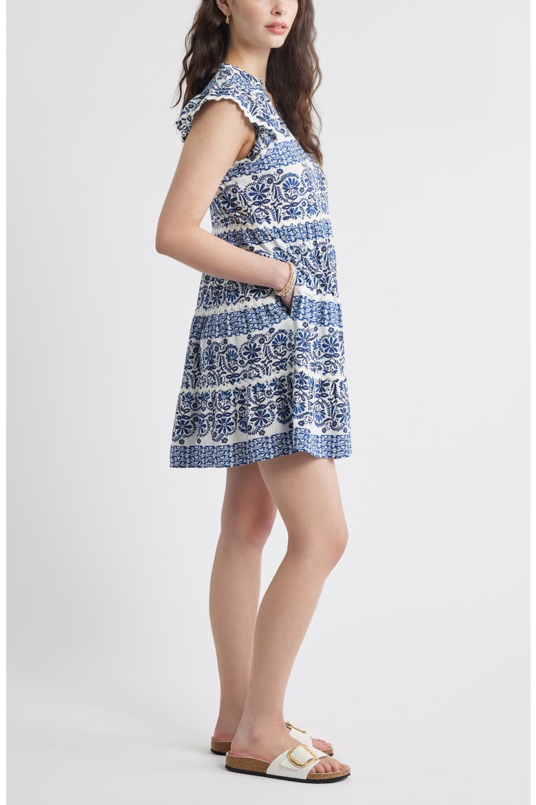Ruffle Trim Linen Blend Shift Dress, Alternate, color, IVORY- BLUE NAVY BORDER BLOOM