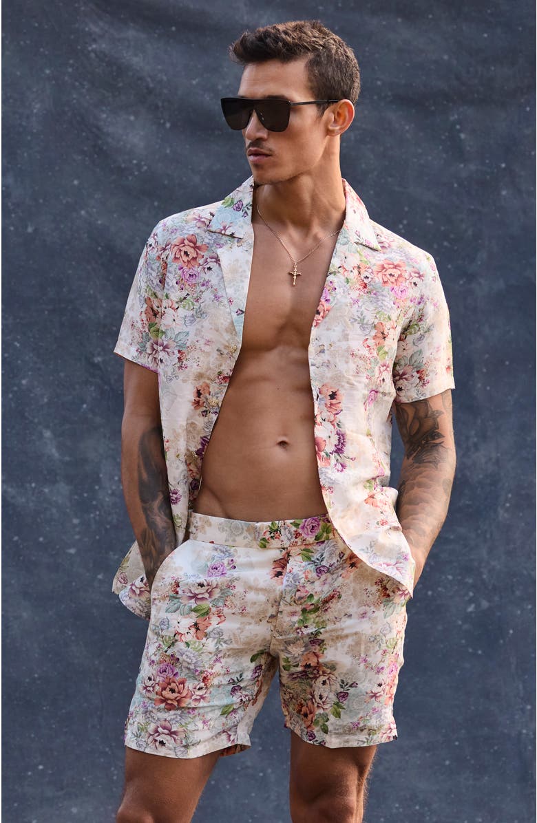 Aqua Blu Cascade Collar Jean Short Sleeve Shirt, Alternate, color, White Floral Print