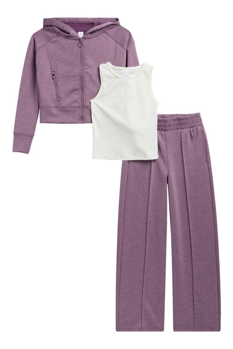 Kids' Dahlia Scuba Sleeveless Top, Full Zip Hoodie & Flare Leggings Set, Main, color, HTR.BERRY CONSERVE