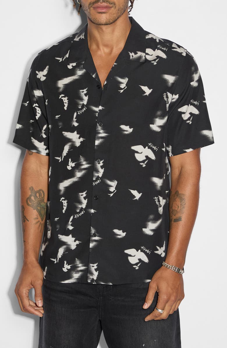 Ksubi Flight Resort Bird Print Lyocell Camp Shirt, Main, color, Black