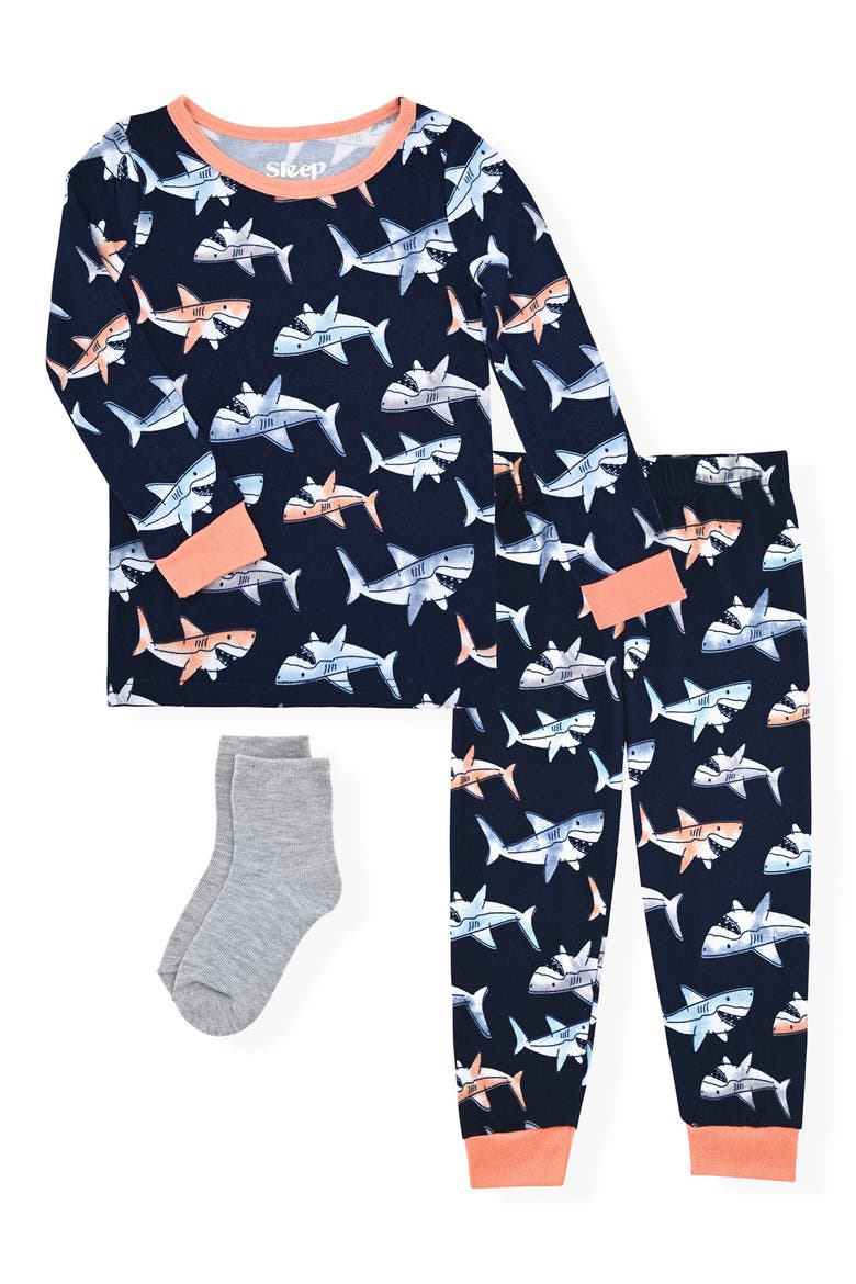 Print Fitted Two-Piece Pajamas & Socks Set, Main, color, NAVY