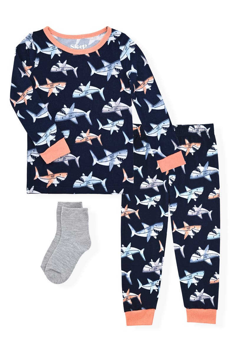SLEEP ON IT Print Fitted Two-Piece Pajamas & Socks Set, Main, color, Navy