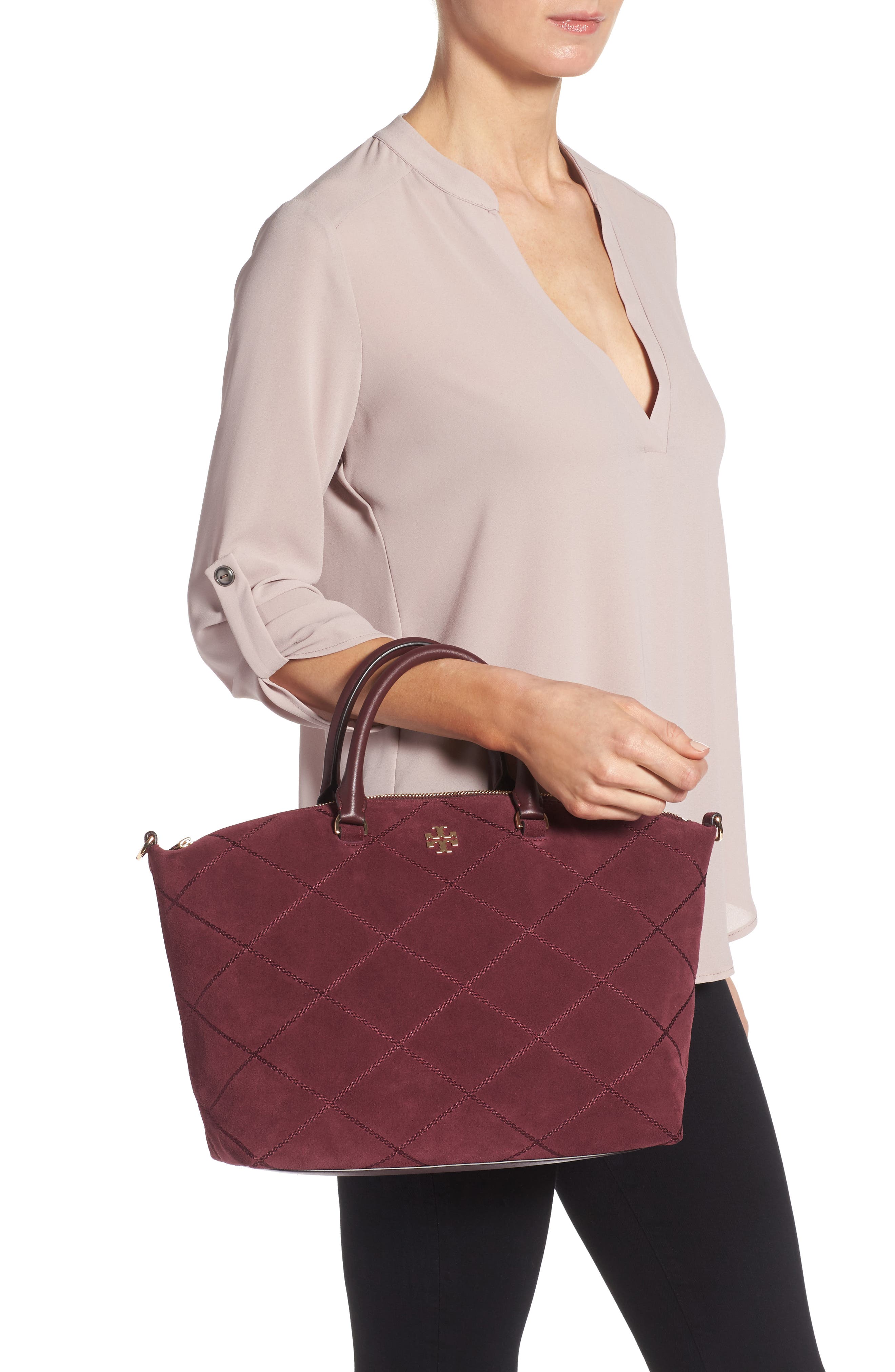 Frida Stitched Suede Satchel (Nordstrom Exclusive), Alternate, color, PORT