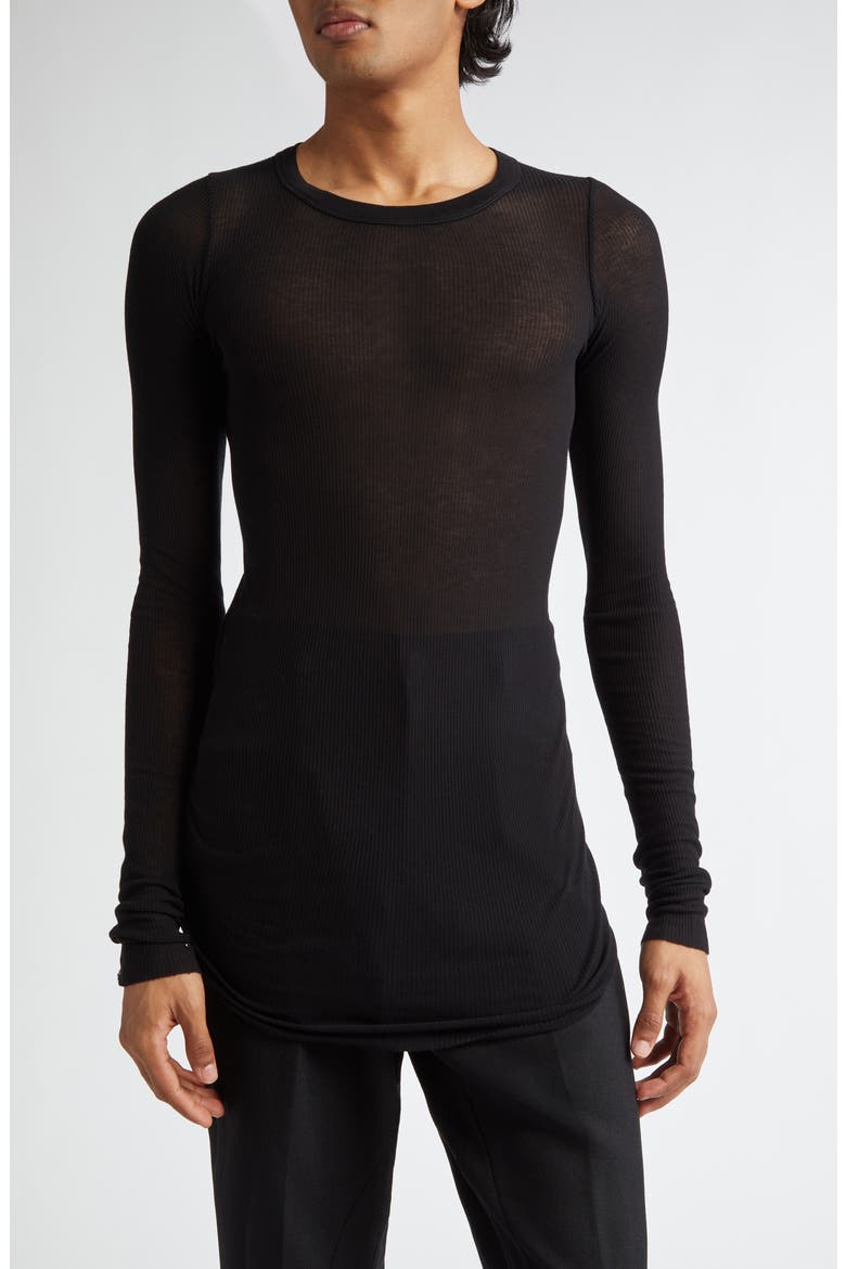Rib Long Sleeve Sheer T-Shirt, Main, color, BLACK