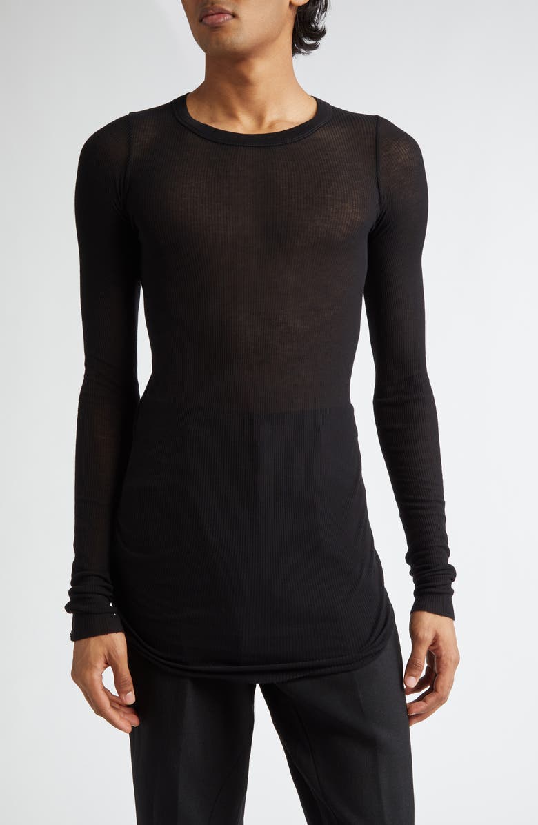 Rick Owens Rib Long Sleeve Sheer T-Shirt, Main, color, Black