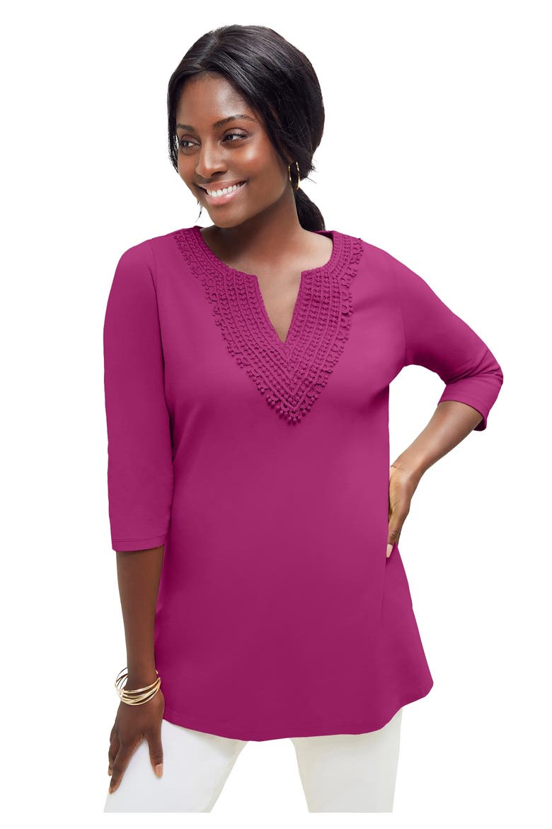 Stretch Cotton Crochet Notch Neck Tunic, Main, color, RASPBERRY