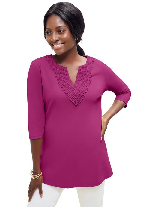 Stretch Cotton Crochet Notch Neck Tunic (Plus)