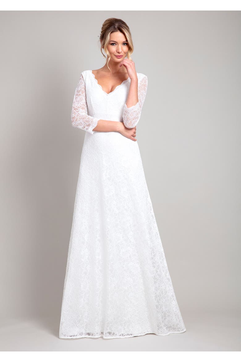 Anya 3/4 Sleeve V-Neck Lace Bridal Gown, Main, color, Ivory