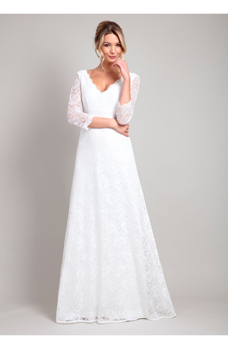 Alie Street London Anya 3/4 Sleeve V-Neck Lace Bridal Gown, Main, color, Ivory