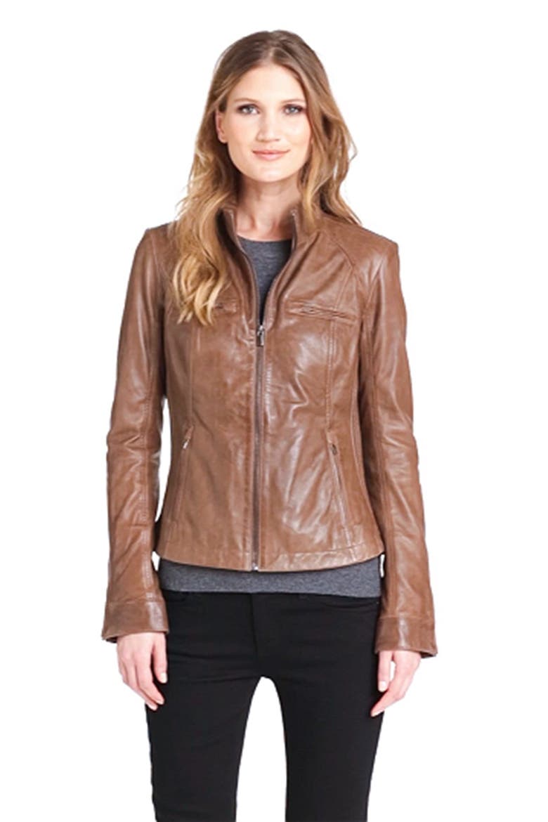 Ribbed Side Leather Jacket, Alternate, color, LUGGAGE