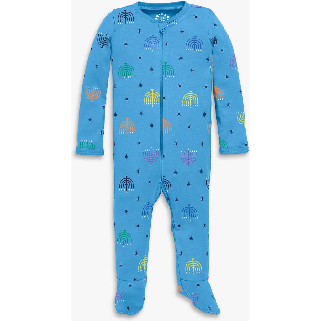 Primary Baby Organic Zip Footie In Rainbow Menorahs In Blue