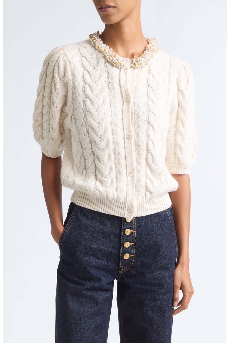 Olivia Embellished Merino Wool & Cashmere Cardigan, Main, color, PEARL