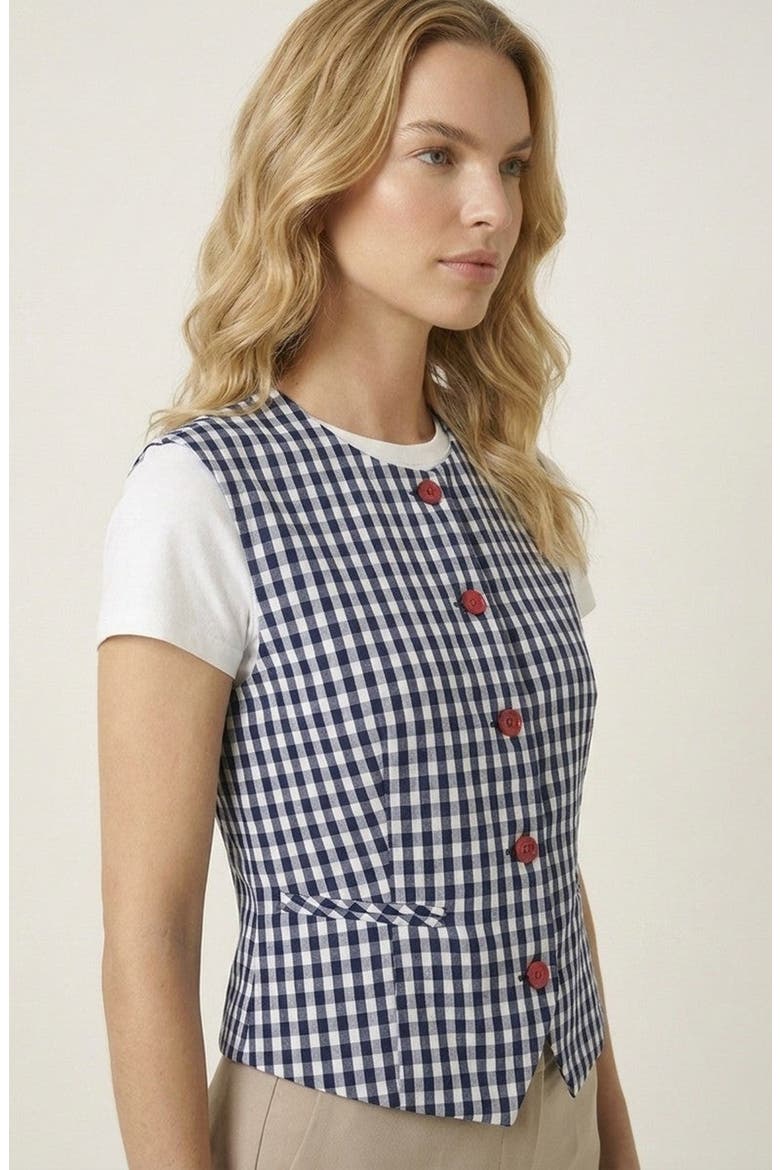 Sleeveless Gingham Button Front Top with Waist Tie, Alternate, color, Blue
