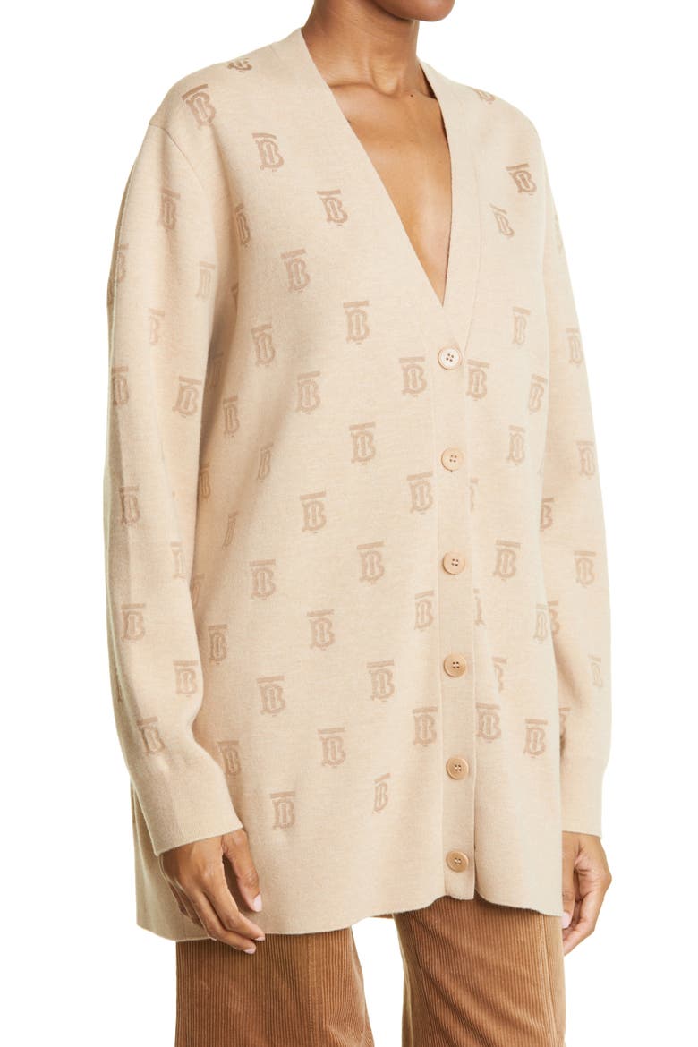 Women's Salena TB Logo Jacquard Wool & Silk Blend Cardigan, Alternate, color, LIGHT BEIGE MELANGE