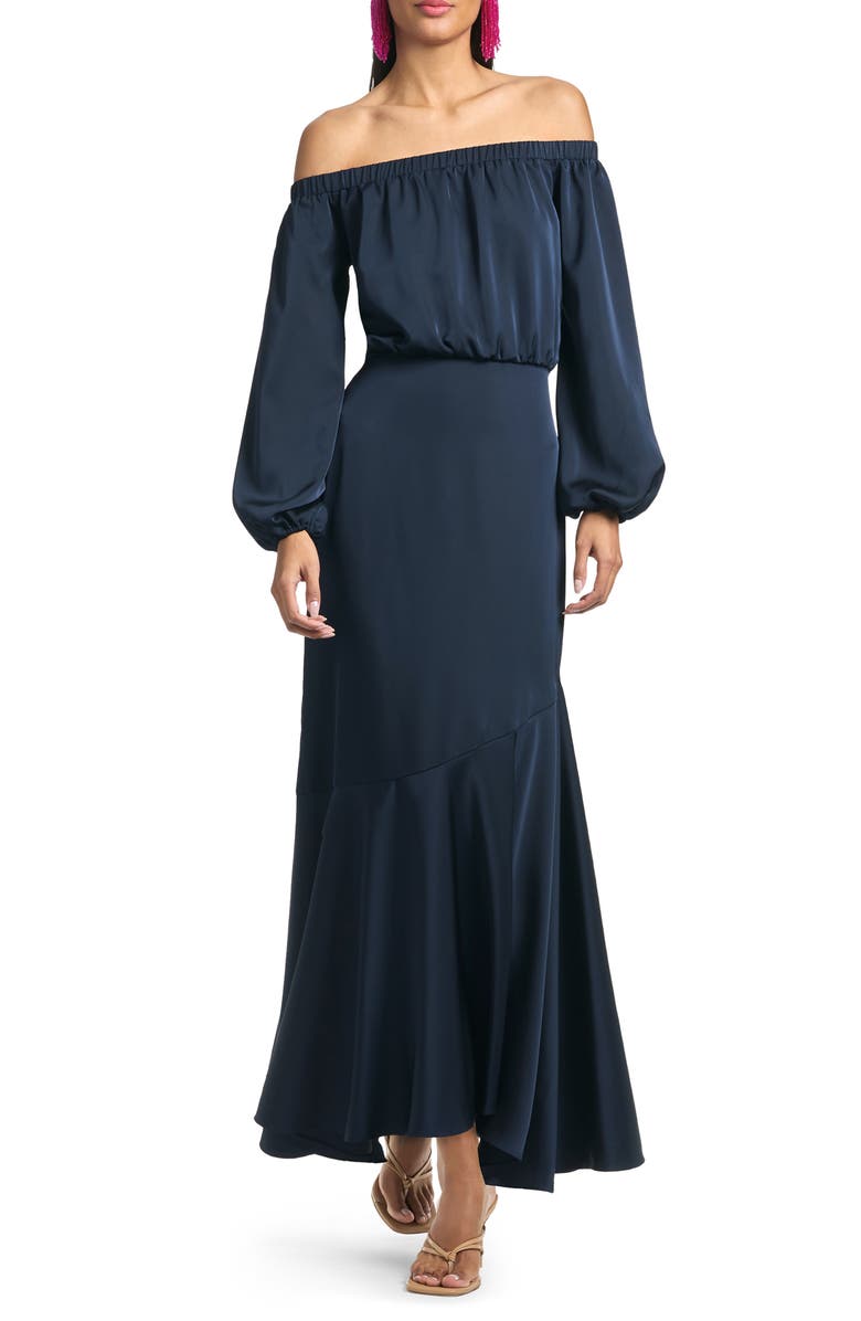 Sachin & Babi Kai Off the Shoulder Long Sleeve Satin Maxi Dress, Main, color, 