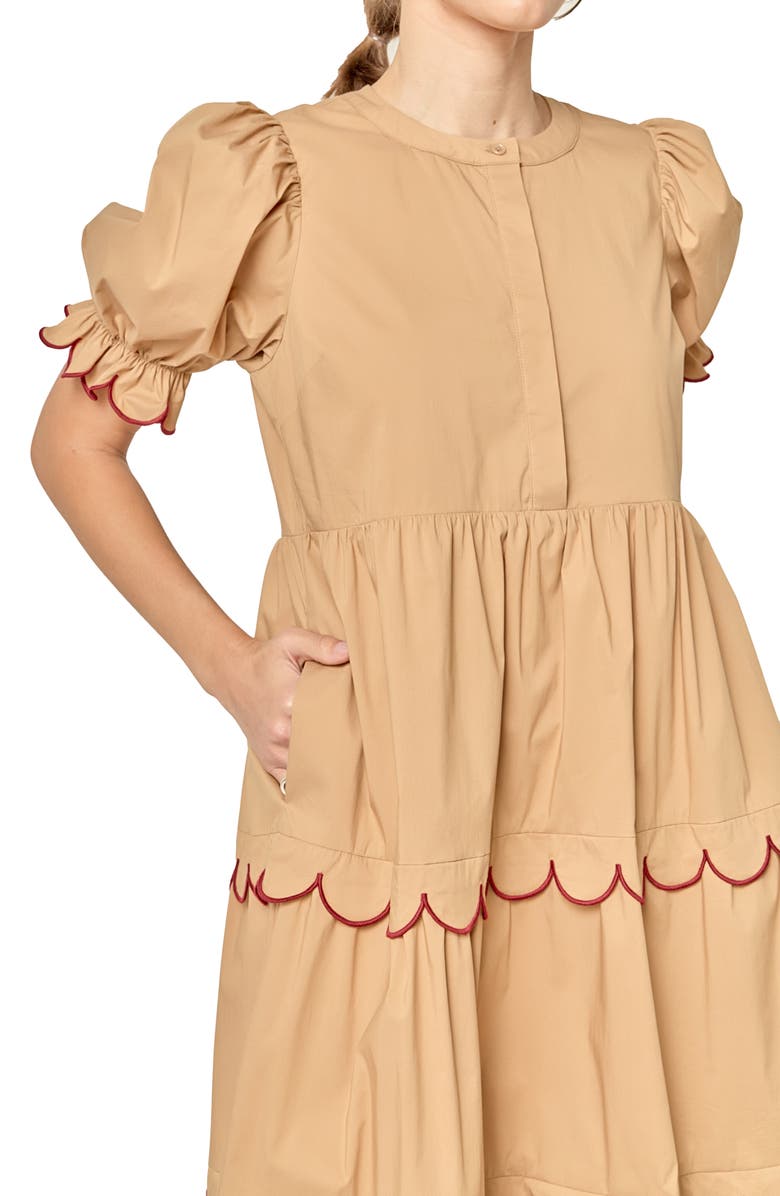 English Factory Contrast Scalloped Trim Cotton Midi Dress, Alternate, color, Tan/ Burgundy